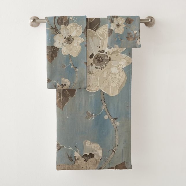 Rustic Light Blue Cocoa Brown Floral Print Bath Towel Set (Insitu)