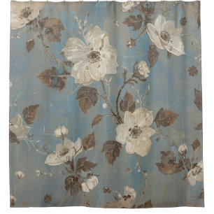 Rustic Light Blue Cocoa Brown Floral Print Shower Curtain