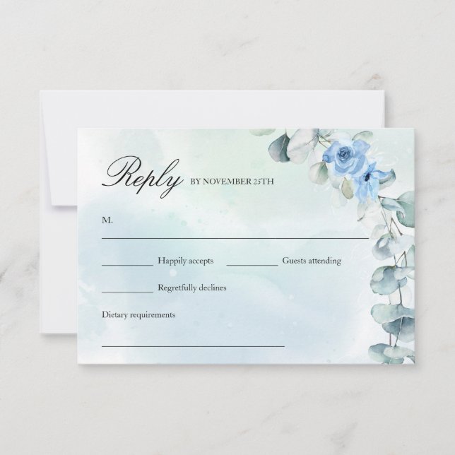 Rustic Light Blue Floral Green Eucalyptus Wreath RSVP Card (Front)