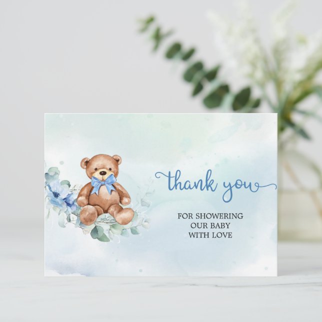 Rustic Light Blue Floral Teddy Bear Thank You Enclosure Card (Standing Front)