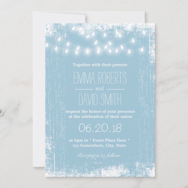 Rustic Light Blue String Lights Wedding Invitation (Front)