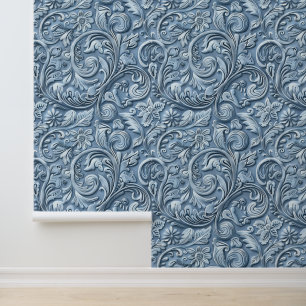 Rustic light blue tooled leather wallpaper