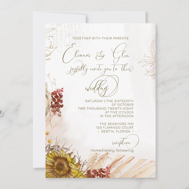 Rustic Light Bohemian Sunflower Wedding Invitation (Front)
