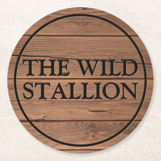 Rustic Light Brown Wood Faux Engraved Name Bar Round Paper Coaster