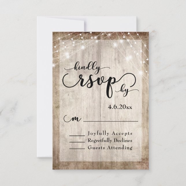 Rustic Light Brown Wood & Lights Wedding RSVP 1 Card (Front)