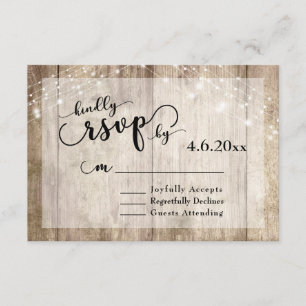 Rustic Light Brown Wood & Lights Wedding RSVP 2 Card