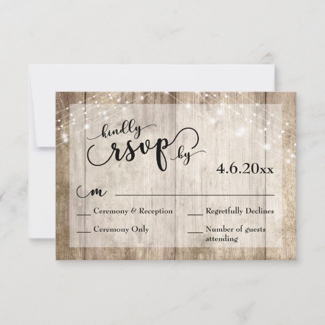 Rustic Light Brown Wood & Lights Wedding RSVP 3 (Front)