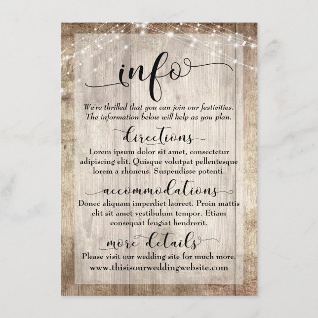 Rustic Light Brown Wood w/ Lights, Wedding Info Enclosure Card (Front)