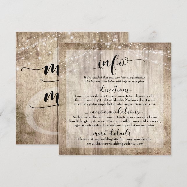 Rustic Light Brown Wood w/ Lights, Wedding Info Invitation (Front/Back)