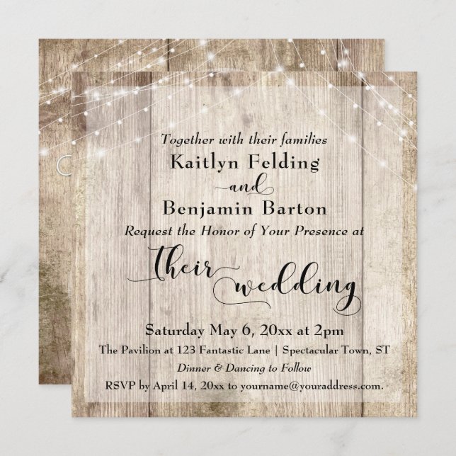 Rustic Light Brown Wood & White Lights Wedding 3 Invitation (Front/Back)