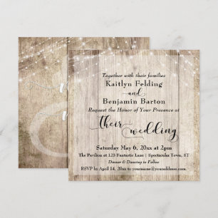 Rustic Light Brown Wood & White Lights Wedding 3 Invitation