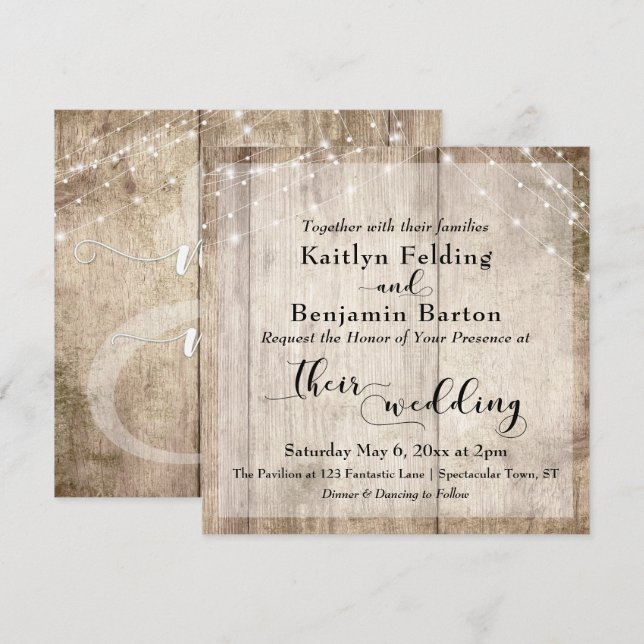 Rustic Light Brown Wood & White Lights Wedding Invitation (Front/Back)