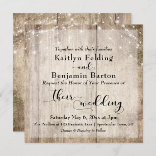 Rustic Light Brown Wood & White Lights Wedding Invitation