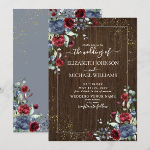 Rustic Light Dusty Blue Burgundy Wood Floral Invitation