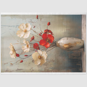 Rustic Light Gray Blue, Beige & Red Flowers & Vase Tissue Paper