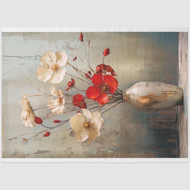 Rustic Light Gray Blue, Beige & Red Flowers & Vase Tissue Paper (Front)