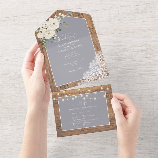 Rustic Light Grey White Floral Wood Wedding All In One Invitation (Tearaway)