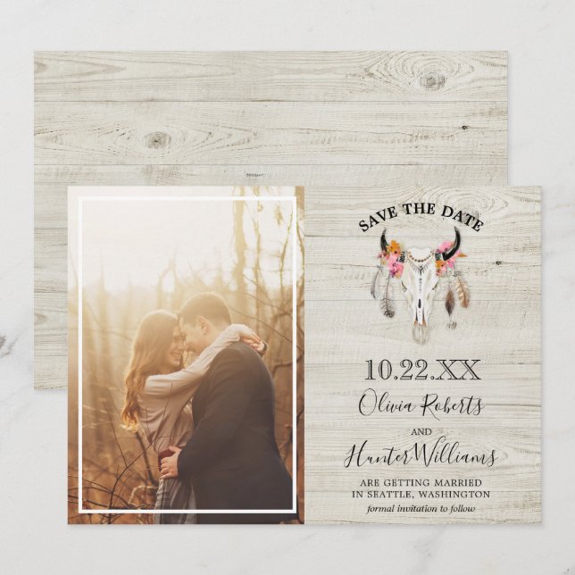 Rustic Light Wood Antler Photo Save the Date  Invitation (Front/Back)