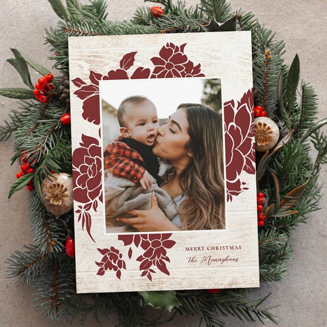 Rustic Light Wood | Red Floral Photo   Holiday Card (Creator Uploaded)