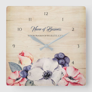 Rustic Light Wood Summer Blossom and Blueberries Square Wall Clock
