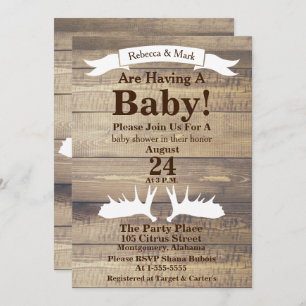 Rustic Light Wood & White Moose Antlers Ribbon Invitation
