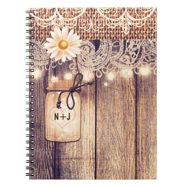 Rustic Lighted Mason Jars Daisies & Lace Notebook (Front)