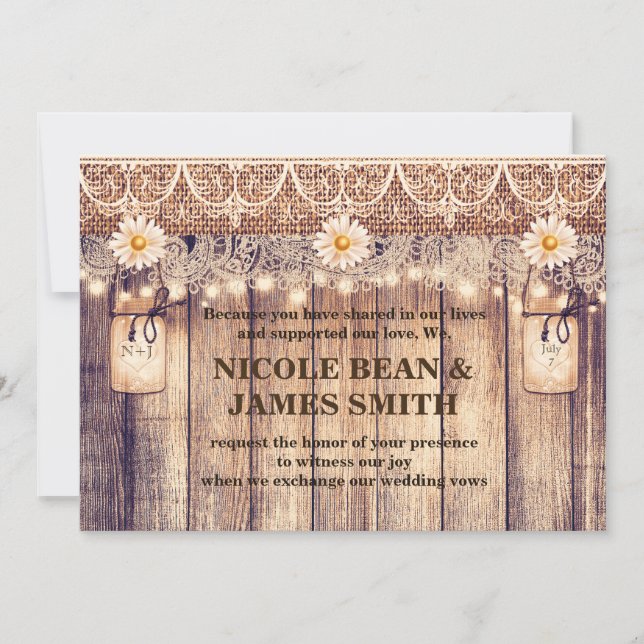 Rustic Lighted Mason Jars Daisies & Lace Wedding Invitation (Front)