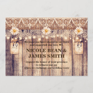 Rustic Lighted Mason Jars Daisies & Lace Wedding Invitation