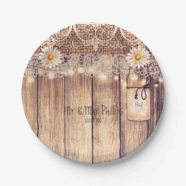 Rustic Lighted Mason Jars Daisies & Lace Wedding Paper Plate (Front)