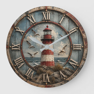 Rustic Lighthouse Coastal Nautical Beach House Large Clock