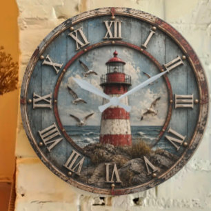 Rustic Lighthouse Coastal Nautical Beach House Large Clock