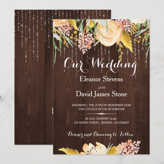 Rustic lights barn wood botanical floral wedding invitation (Front/Back)