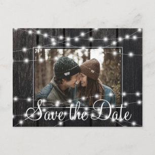 Rustic lights barn wood photo save date wedding announcement postcard