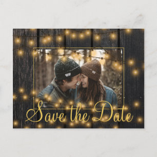 Rustic lights barn wood photo save date wedding announcement postcard