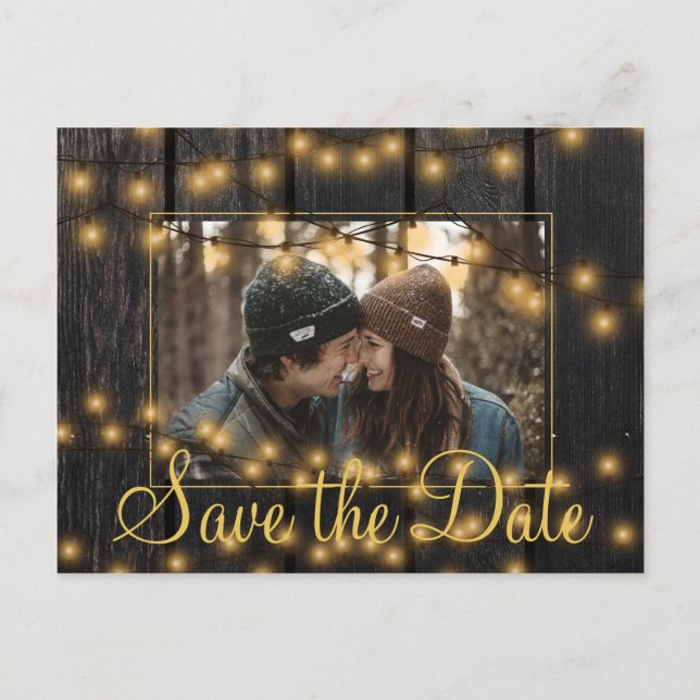 Rustic lights barn wood photo save date wedding announcement postcard (Front)