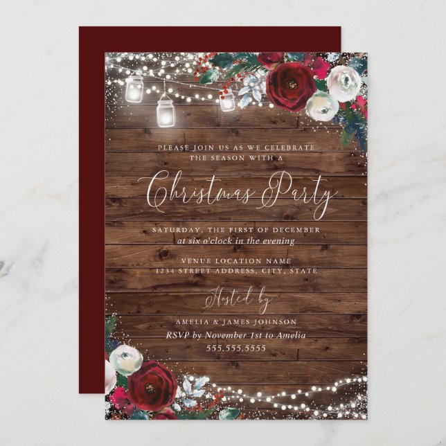 Rustic Lights Burgundy Floral Snow Christmas Invitation (Front/Back)