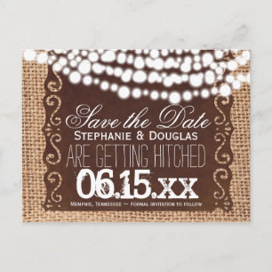Rustic Lights Burlap Save the Date Postcards
