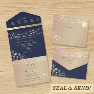 Rustic Lights Gold and Navy Blue Wedding All In One Invitation