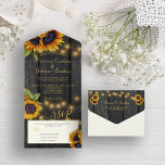 Rustic lights gold sunflowers barn wood wedding all in one invitation<br><div class="desc">Elegant chic summer or autumn wedding stylish all in one invitation template on dark brown barn wood featuring a beautiful sunflowers bouquet and strings of twinkle lights. Fill in your information in the spots,                       The invitation is suitable for elegant summer or autumn fall rustic country weddings.</div>