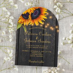 Rustic lights gold sunflowers barn wood wedding invitation