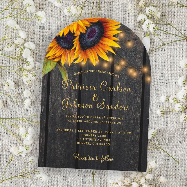 Rustic lights gold sunflowers barn wood wedding invitation (Creator Uploaded)