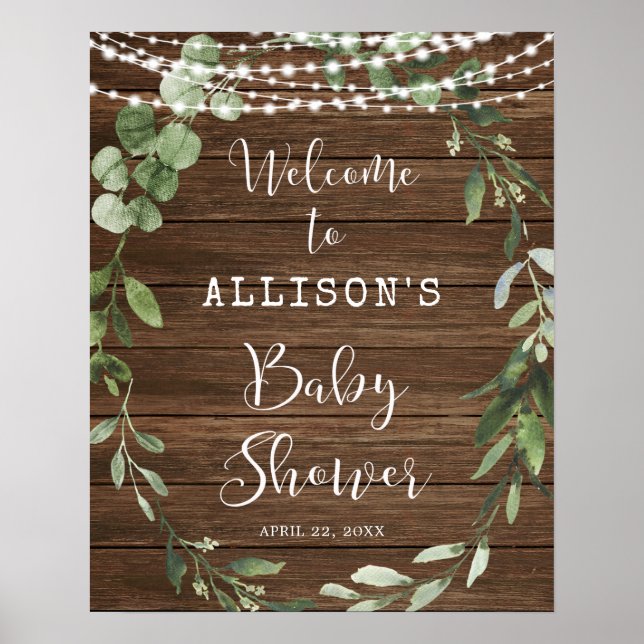 Rustic lights greenery baby shower welcome sign (Front)