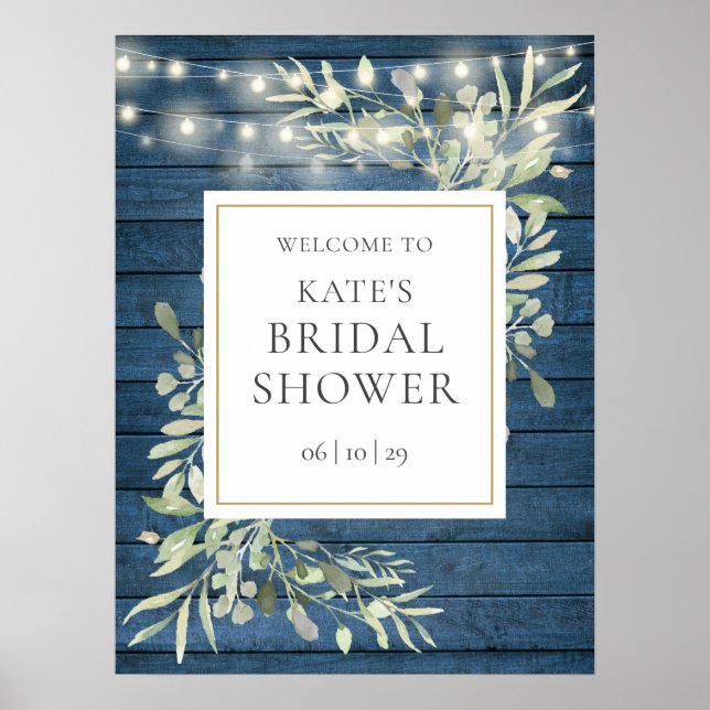 Rustic Lights Greenery Bridal Shower Welcome Sign (Front)