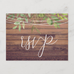 Rustic Lights Greenery Wedding RSVP Postcard