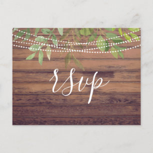 Rustic Lights Greenery Wedding RSVP Postcard