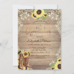 Rustic Lights,Lace,Boots Sunflowers Quinceañera Invitation