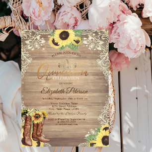Rustic Lights,Lace,Boots Sunflowers Quinceañera Invitation