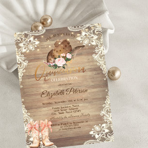 Rustic Lights Lace Cowboy Hat Boots Quinceañera  Invitation