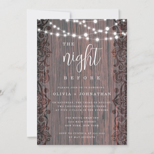 Rustic Lights Lace Rehearsal Dinner Invitation (Front)