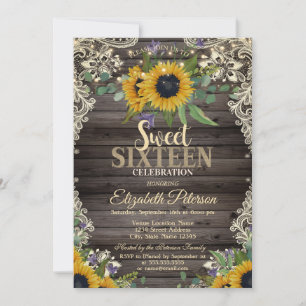 Rustic Lights,Lace Sunflowers Dark Wood Sweet 16  Invitation